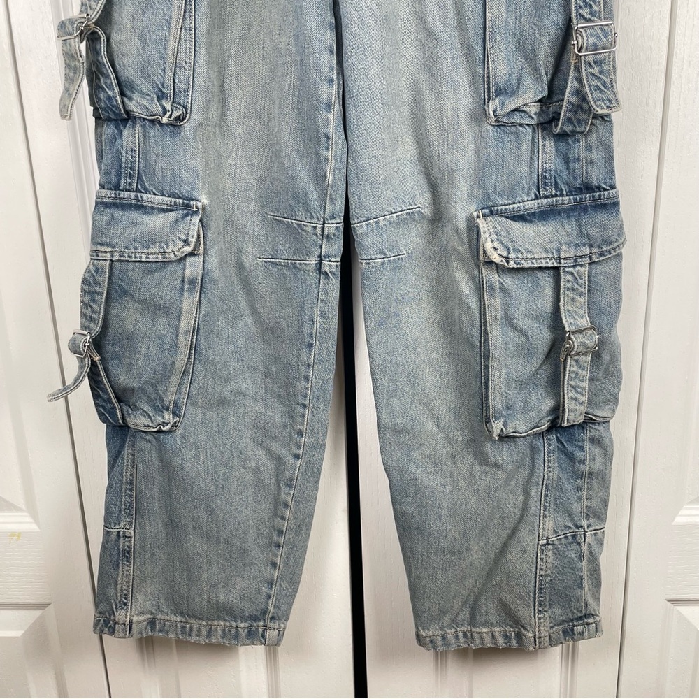 Zara Barrel Baggy Jeans Women’s 0 Blue Faded Utility Cargo Multipocket Y2K - Picture 3 of 16